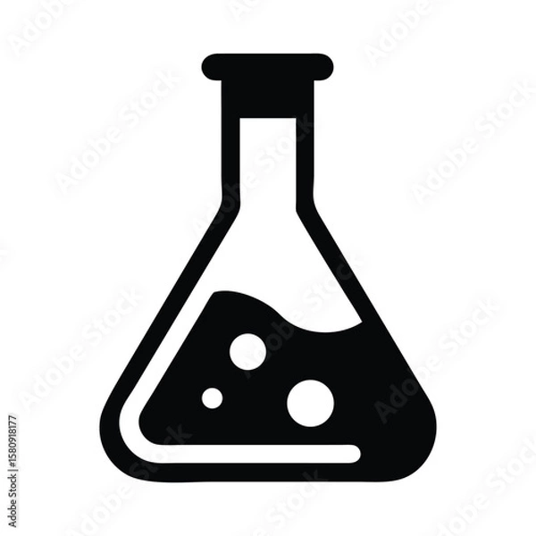 Fototapeta Black silhouette shows liquid within Erlenmeyer flask with bubbles, all on a transparent background