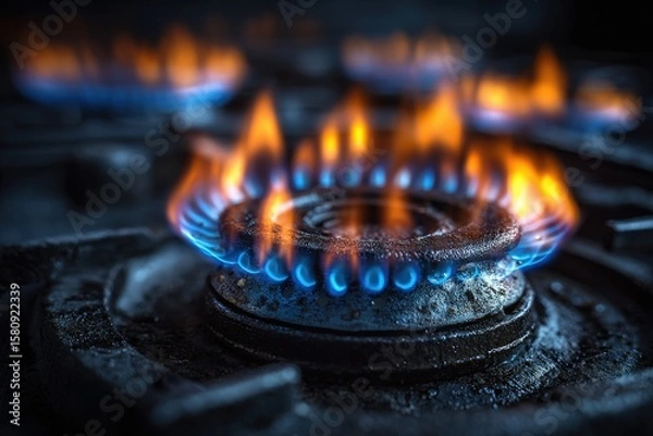 Fototapeta Close up of Gas Stove Burner with Vivid Blue and Orange Flames
