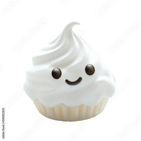 Obraz Cute white cupcake with smooth creamy frosting and smiling face, adorable dessert with soft texture and playful expression, perfect for fun and sweet treats