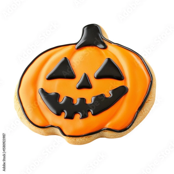 Obraz Halloween pumpkin shaped cookie decorated with orange and black icing, festive treat with smiling jack o lantern face perfect for autumn celebrations and parties