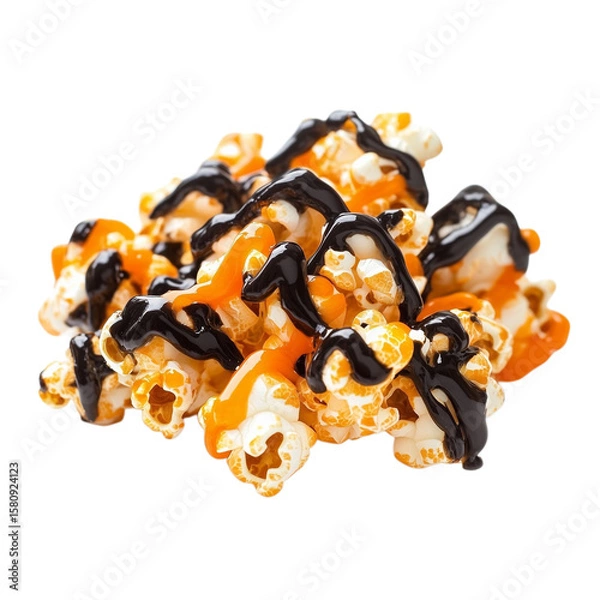 Obraz Caramel popcorn drizzled with dark chocolate and orange syrup creates deliciously sweet and visually appealing snack perfect for festive occasions or movie nights