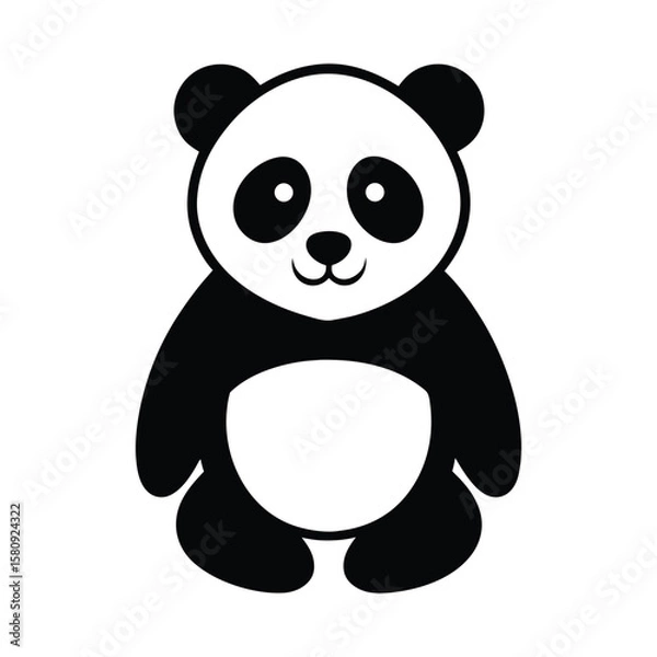 Fototapeta Charming simple panda bear with a soft smile stands in black and white, transparent background