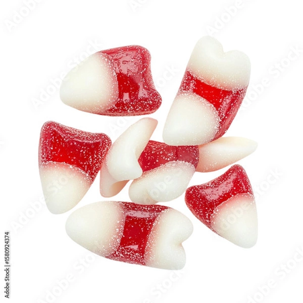 Obraz Red and white gummy candy shaped like teeth with sugary coating, creating playful and sweet treat perfect for fun snacking or themed parties