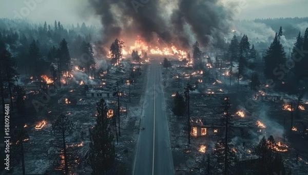 Obraz Aerial view of a wildfire destroying a town