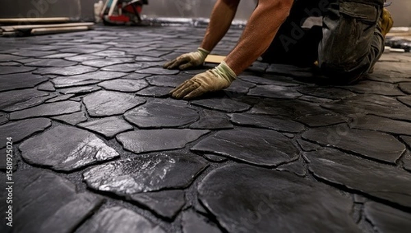 Obraz Worker installing dark gray stone floor tiles
