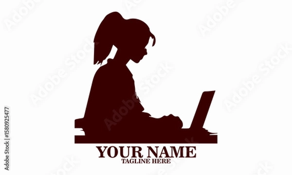 Fototapeta Business lady working on laptop pc sitting at desk, single working women's day icon. vector illustration and logo design
