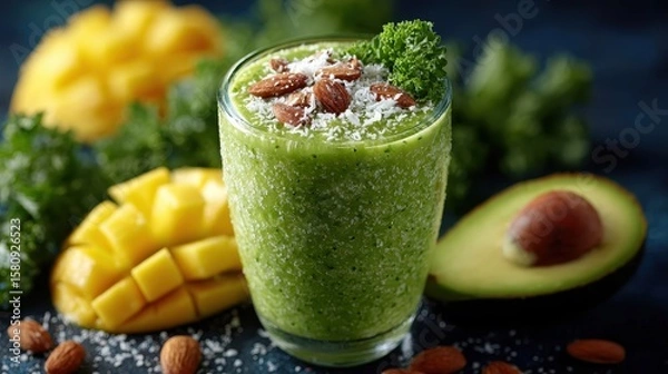 Fototapeta Healthy Green Smoothie with Mango, Kale and Avocado