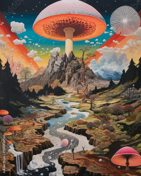 Obraz Fantasy mushroom landscape with psychedelic river and alien explorers, AI generated.