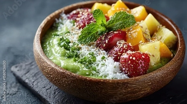 Obraz Green Smoothie Bowl with Strawberries and Mango