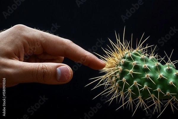 Obraz A human finger cautiously touches the sharp spines of a green cactus against a dark background, highlighting tension, curiosity, and danger in a minimal and bold composition.