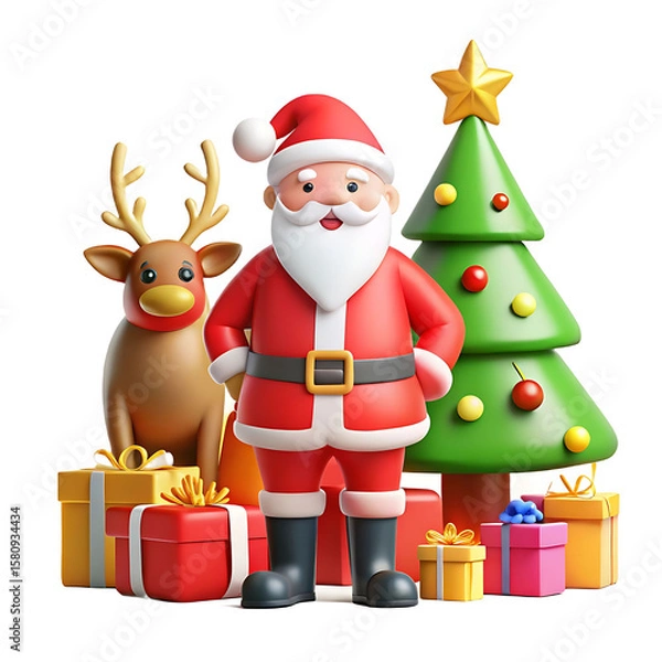 Fototapeta Modern Flat Vector of Santa Claus with Gift and Reindeer beside Christmas Tree for Festive Website Banner