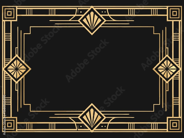 Fototapeta Golden frame adorned with diamonds and an abstract circuit pattern on a black microchip backdrop, illustrating modern technology and artistic design