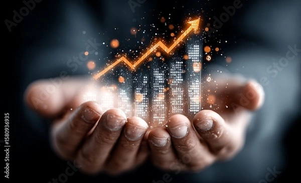 Obraz Dark background businessman hands cupped holding upward trending orange digital graph glowing with binary code data points