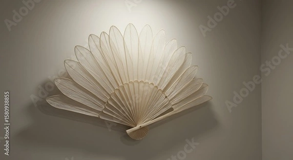 Fototapeta Light beige fanshaped wall art with translucent petallike segments illuminated from above casting shadows on a beige wall