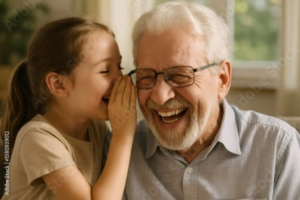 Fototapeta Granddaughter whispering a secret in grandfather's ear, sparking laughter and joy, creating cherished memories in the warmth of home