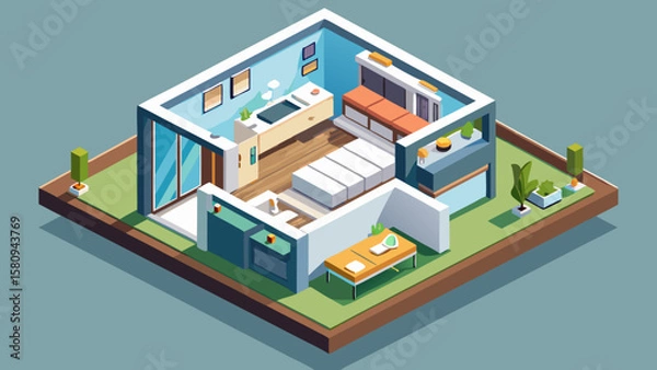 Obraz Isometric View of a Modern Home Interior with Minimalist Design and Landscaping