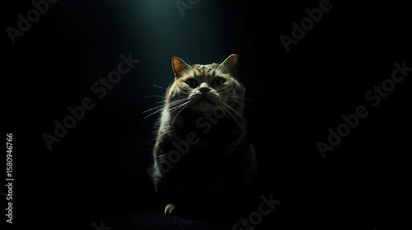 Fototapeta High contrast, low-key lighting a fat cat in a creepy atmosphere, deep shadows, dark tones, unsettling details..jpg