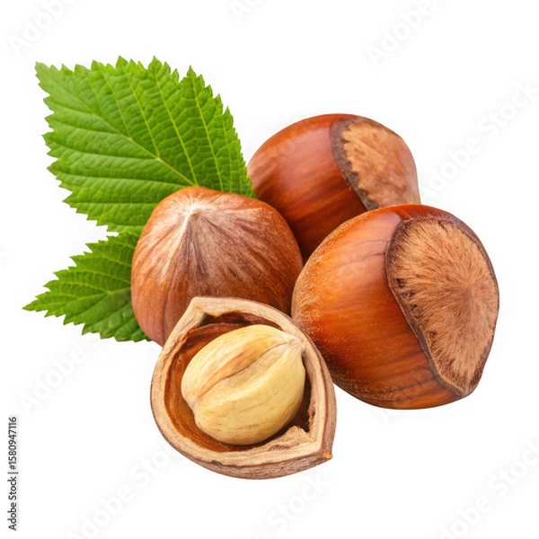 Fototapeta A cluster of fresh hazelnuts with green leaves isolated on transparent background