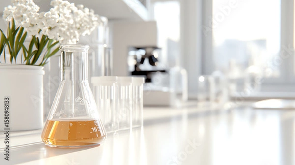 Fototapeta A modern laboratory scene showcasing a flask with orange liquid, test tubes, and fresh flowers, highlighting scientific innovation.