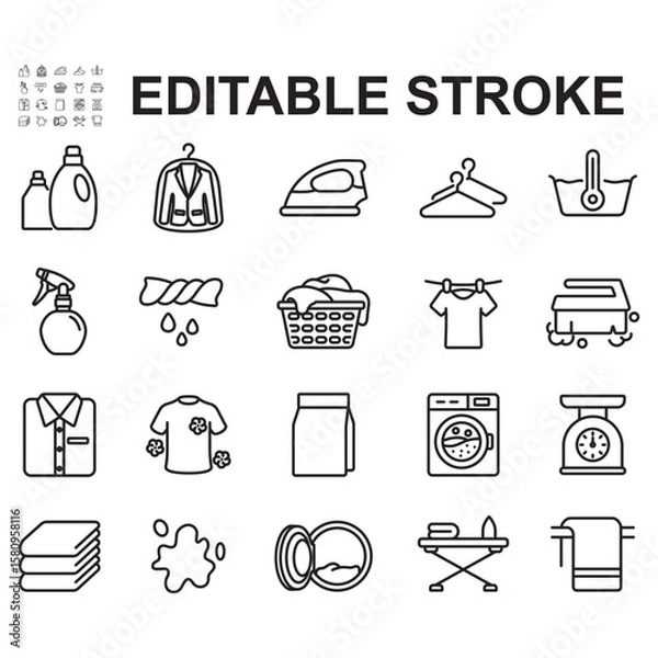 Obraz Collection of icons related to washing clothes. Vector line style. Contains icons such as washing machine, clean clothes, detergent and many more.