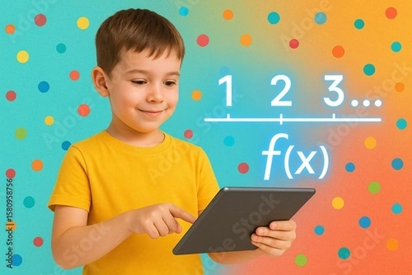 Fototapeta Young Child Engaged in E-Learning with Tablet and Math Graphics on Colorful Background