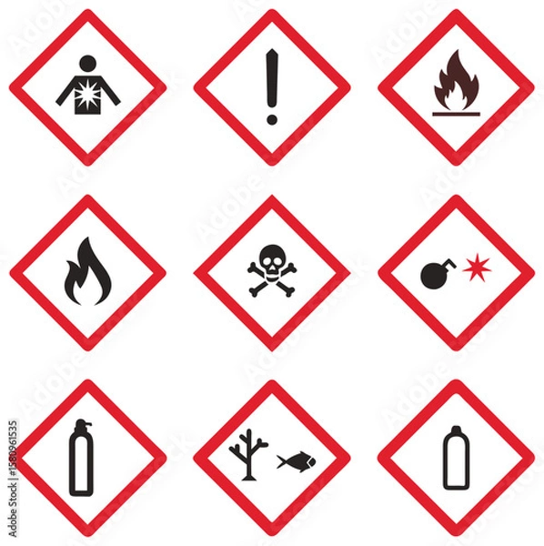 Obraz GHS hazard symbols illustrating health, fire, toxicity, and environmental risks on a white background