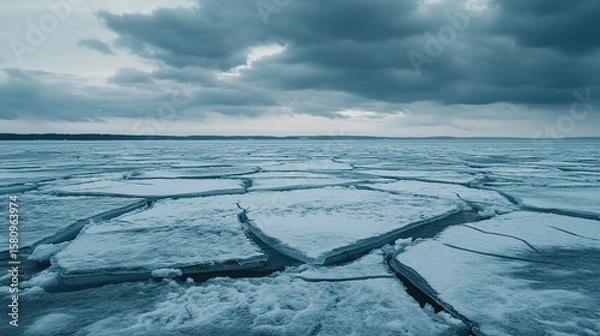 Fototapeta Rising waves meet cracked ice under a stormy sky, a stark reminder of sea level urgency.