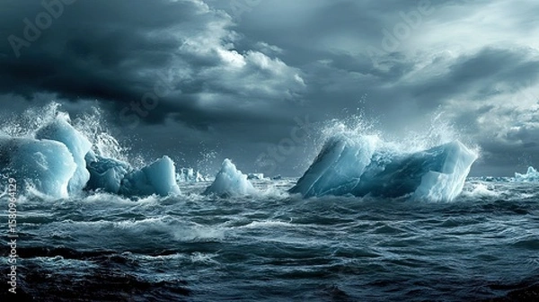 Fototapeta Rising waves meet cracked ice under a stormy sky, a stark reminder of sea level urgency.