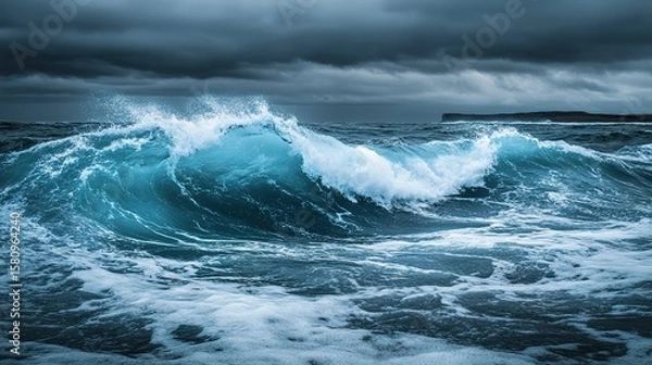 Fototapeta Rising waves meet cracked ice under a stormy sky, a stark reminder of sea level urgency.