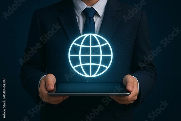 Fototapeta Businessman Holding Tablet with Digital Globe Hologram for Global Learning Technology Concept