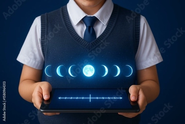Fototapeta Child Exploring Moon Phases on Tablet: Innovative Technology for Interactive Learning