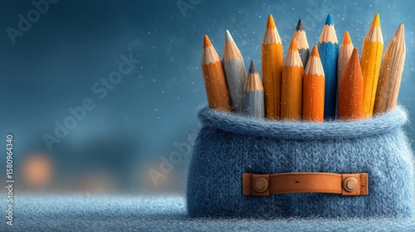Fototapeta Colorful pencils arranged in a cozy knitted container, showcasing vibrant hues and textures, perfect for artistic inspiration and creativity