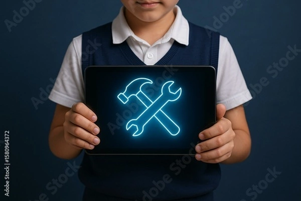 Fototapeta Child Holding Tablet with Digital Tools Icon for Educational Technology Learning Concept