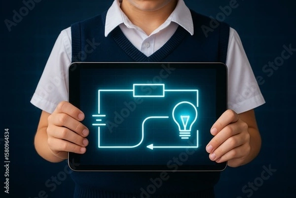 Fototapeta Interactive Learning: Child Using Tablet for Educational Circuit Illustration