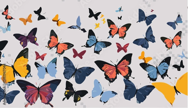 Fototapeta Collection of butterfly silhouette icon vectors in elegant flat style on white background, perfect for nature designs, beauty logos, eco branding, and spring-themed illustrations