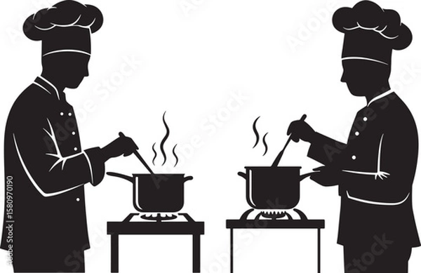 Obraz Two chefs in uniform cooking in pots on stoves silhouette
