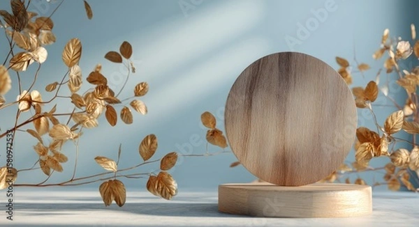 Obraz Minimal podium with light blue gold, wood leaves under soft light, product backdrop