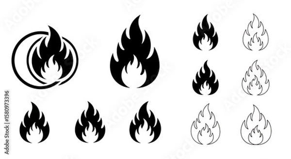 Fototapeta Illustration of collection of fire flame icons in various styles isolated on transparent background