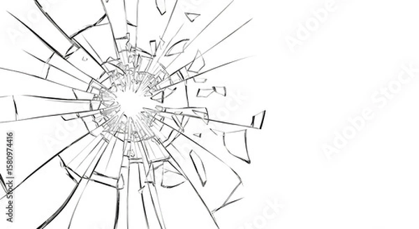 Fototapeta Illustration of a shattered glass pane displays a complex network of cracks, creating an abstract pattern against a transparent background
