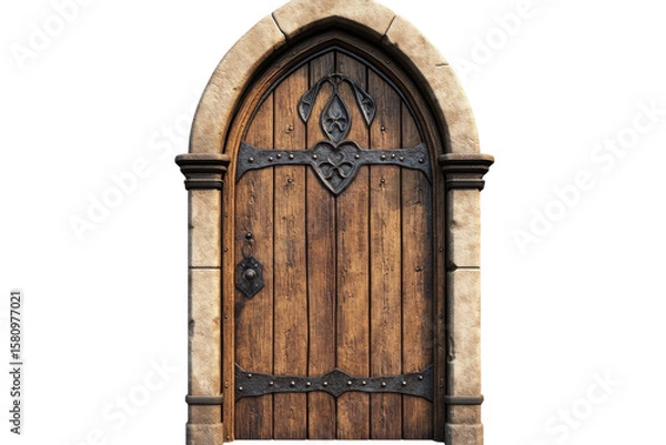 Fototapeta An ancient wooden arched doorway weathered by time hints at forgotten tales and journeys of on transparent background