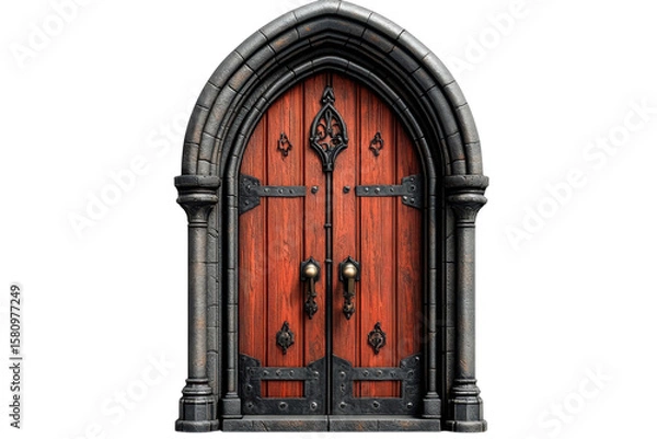 Fototapeta An ancient ornate gothic door beckons with its weathered wood and shadowed stone framing a on transparent background