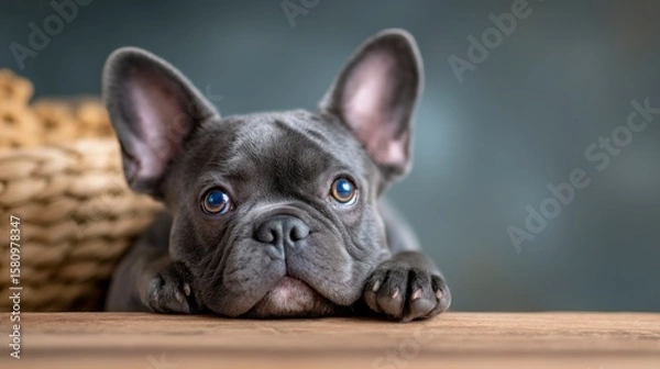 Fototapeta A close-up of a gray French Bulldog puppy resting its chin on a wooden surface with large ears and expressive eyes.