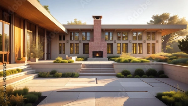 Obraz Modern Architecture and Contemporary Home Design: Luxurious Exterior View with Minimalist Patio, Vibrant Landscaping, Stylish Fireplace, and Spacious Terrace Highlighting Natural Light and Features.
