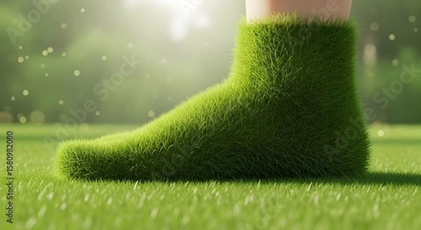 Obraz A human foot intricately formed from lush green grass, with visible roots connecting it to the earth. This powerful visual metaphor represents connection to nature