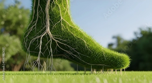 Obraz A human foot intricately formed from lush green grass, with visible roots connecting it to the earth. This powerful visual metaphor represents connection to nature
