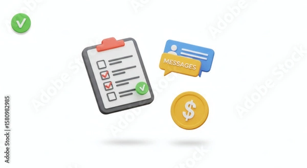 Fototapeta Business task completed list, money and messaging illustration concept for business planning