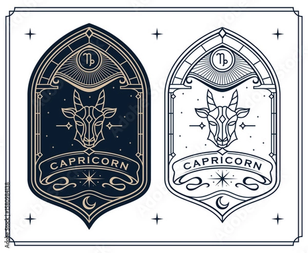 Fototapeta capricorn zodiac sign astrology cards set , horoscope, tarot, fortune teller. Vintage mystical illustration outline hand drawing, magical esoteric horoscope templates for wall print poster