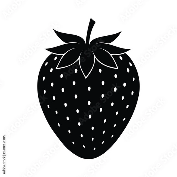 Fototapeta Single black strawberry silhouette displays small white seeds and pointed leaves against a transparent background