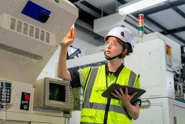 Fototapeta A woman wearing a yellow vest and a hard hat is looking at a machine. Female engineer working with automated machinery in a smart factory, concept of Industry 4.0 and manufacturing technology.