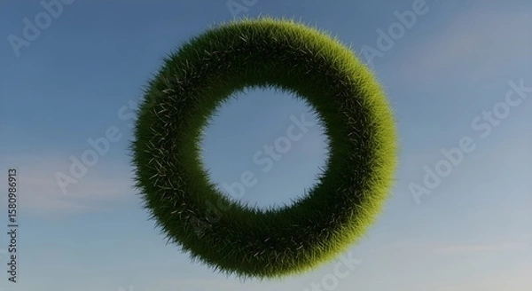 Obraz A unique, floating green grass ring set against a clear, expansive blue sky. This innovative natural form offers a fresh and organic visual element for creative design project